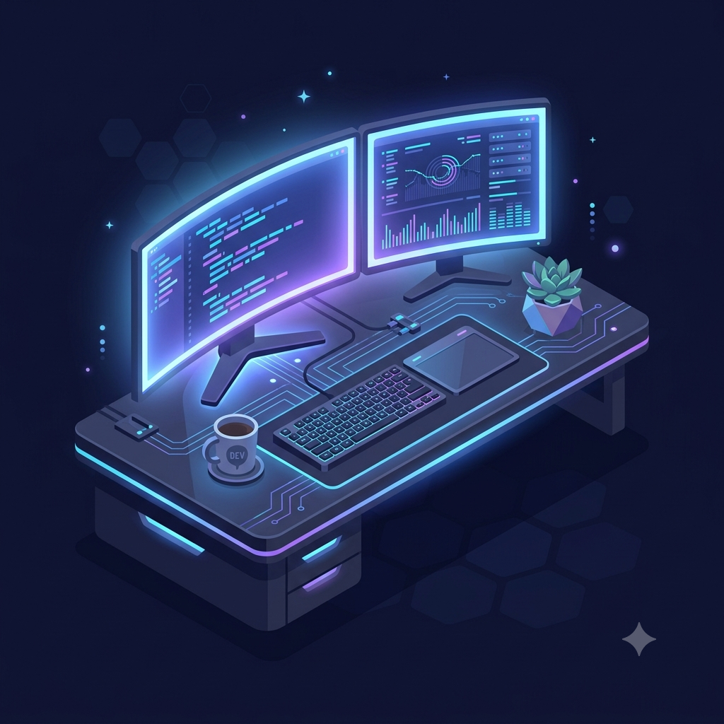Illustration of a dual-monitor developer desk setup
