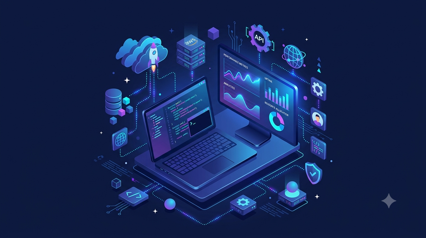 Illustration of a development workstation with cloud, API and analytics icons